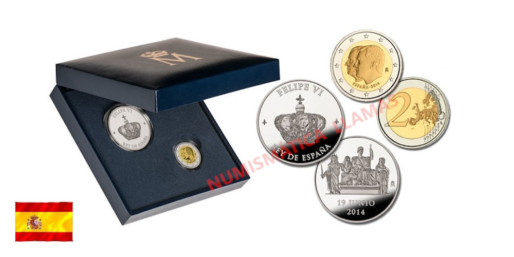 FELIPE VI ESTUCHE MEDALLA PROCLAMACION (PLATA) + 2 EUROS 2014