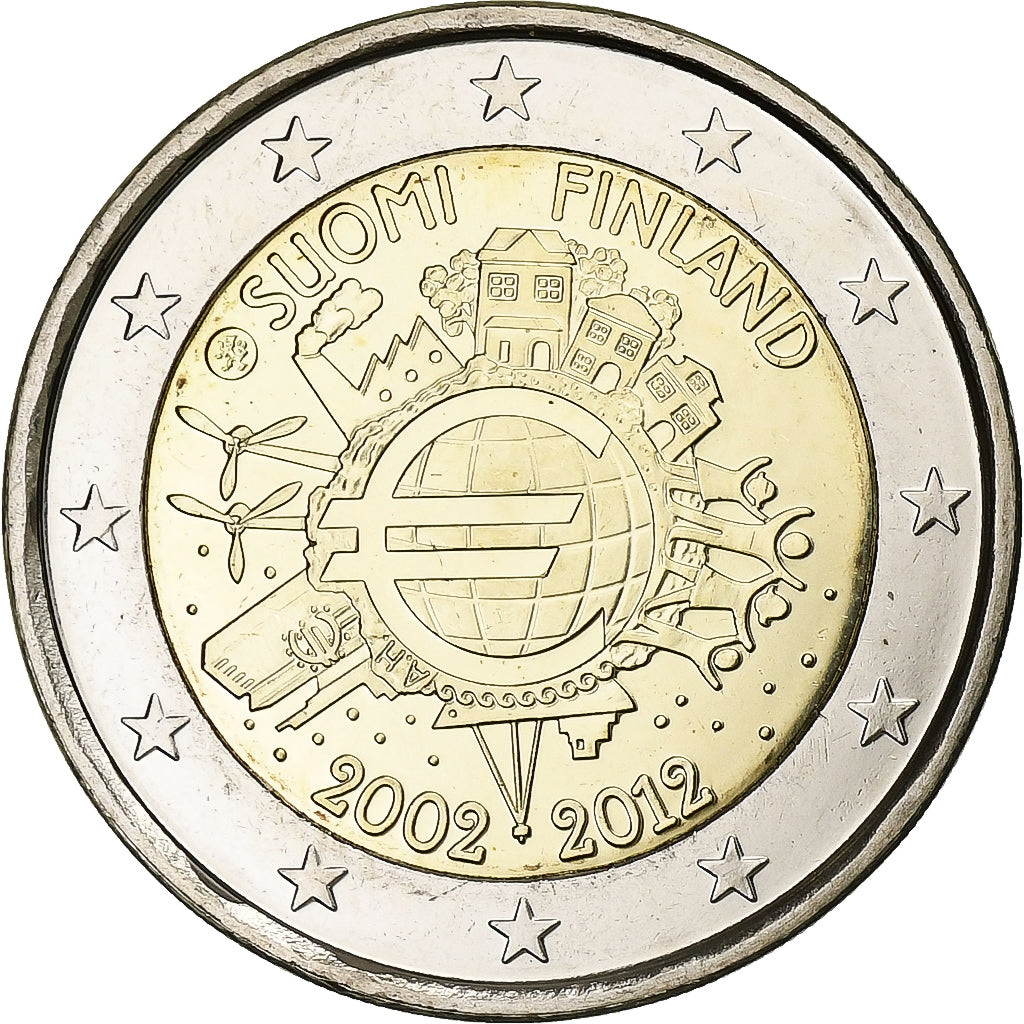 Finlandia,
2 euros,
10 años Euro-Bargeld