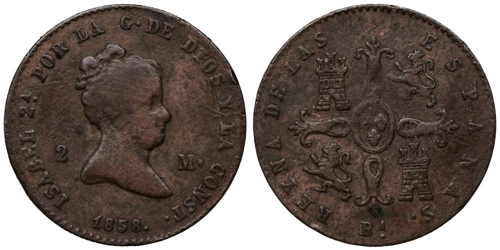 ISABEL II 2 MARAVEDIS 1858 BARCELONA