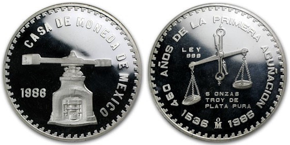 MEXICO 5 ONZAS 1986 450 AÑOS DE LA PRIMERA ACUÑACION 1536-1986