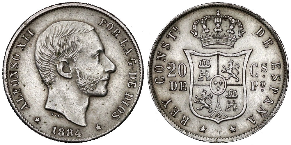 ALFONSO XII 20 CENTAVOS 1884 MANILA