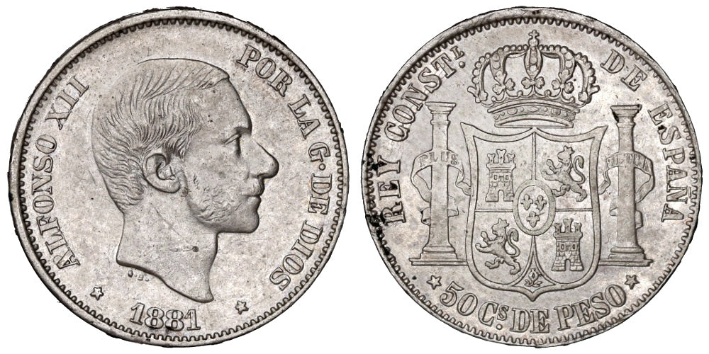 ALFONSO XII 50 CENTAVOS 1881 MANILA