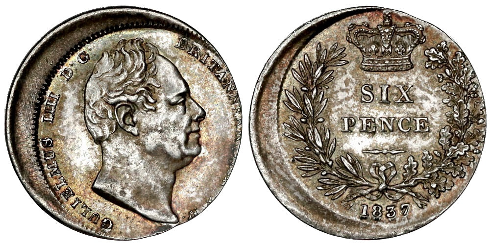 INGLATERRA 6 PENIQUES 1837 GUILLERMO IV (COSPEL DESPLAZADO)
