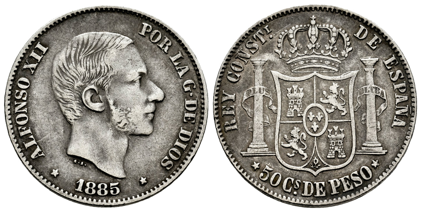 ALFONSO XII 5O CENTAVOS 1885 MANILA
