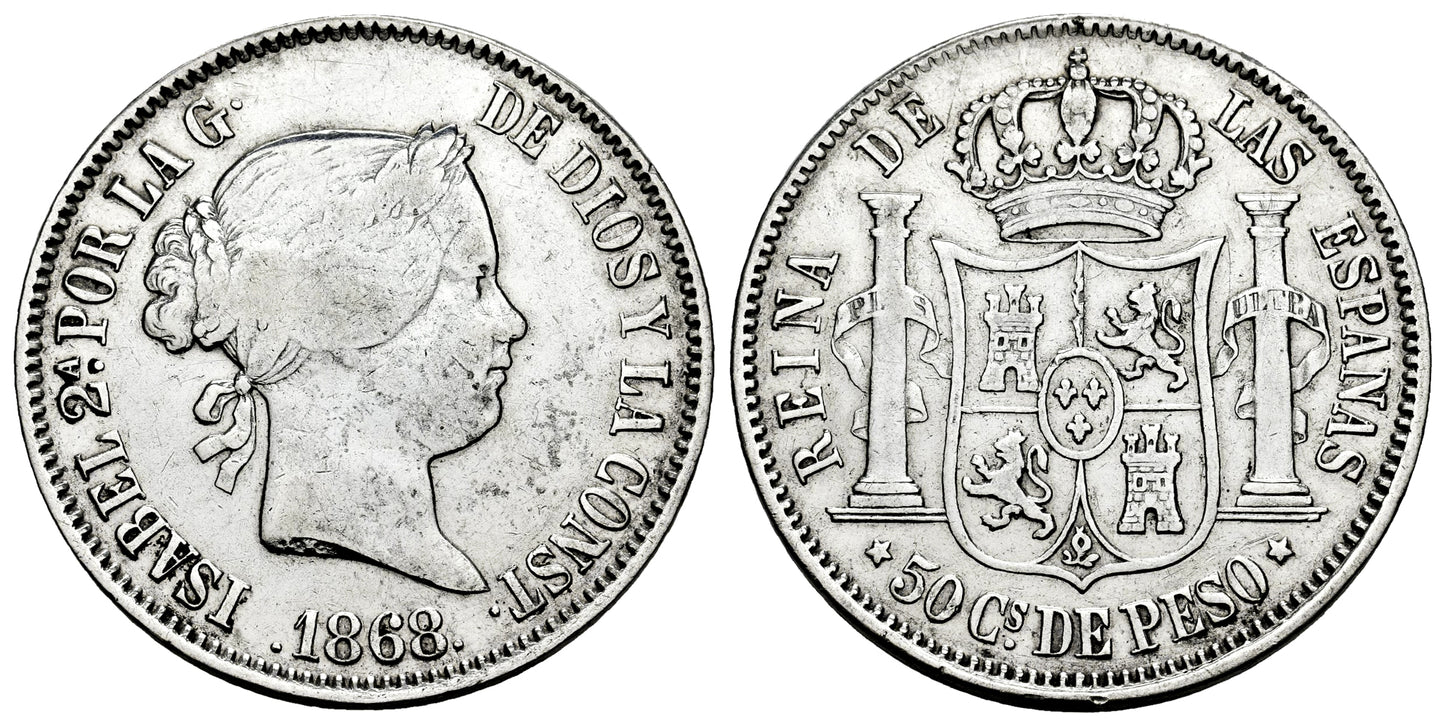 ISABEL II 50 CENTAVOS 1868 MANILA