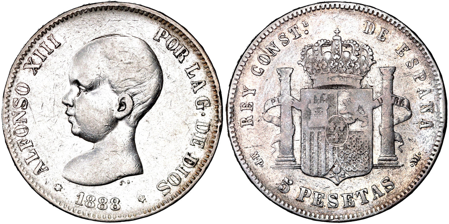 ALFONSO XIII 5 PESETAS 1888 MPM VARIANTE; CUELLO PICO REDONDO
