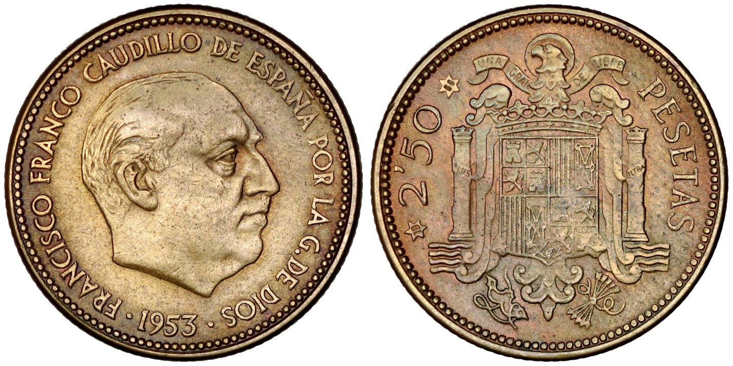 ESTADO ESPAÑOL 2,50 PESETAS 1953*69 TRUCADA LA ESTRELLA