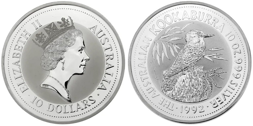 AUSTRALIA 10 DOLARES KOOKABURRA 1992 (10 ONZAS DE PLATA PURA)