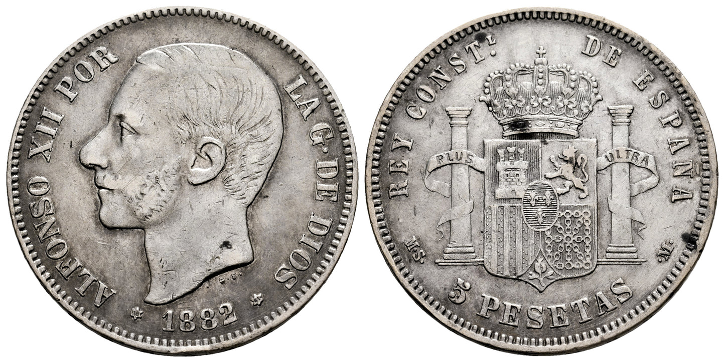 ALFONSO XII 5 PESETAS 1882 ACUÑADA SOBRE 81 Y 2ª ESTRELLA 81