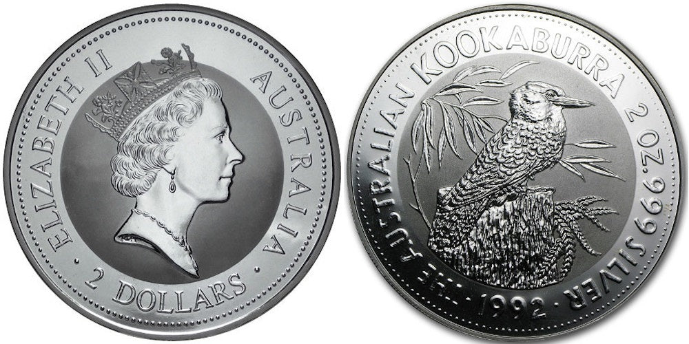 AUSTRALIA 2 DOLARES KOOKABURRA 1992 (2 ONZAS DE PLATA)