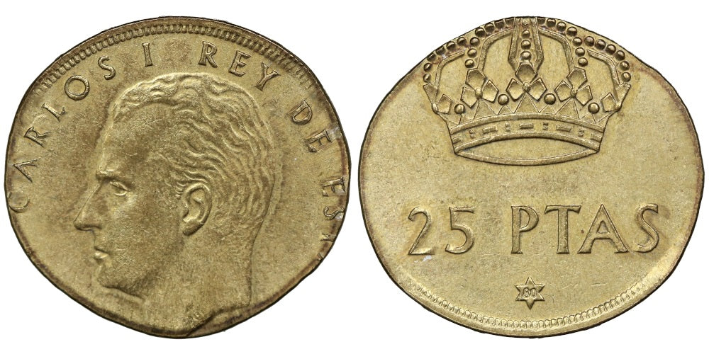 25 PESETAS 1980 ACUÑADA EN UN COSPEL DE 1 PESETA