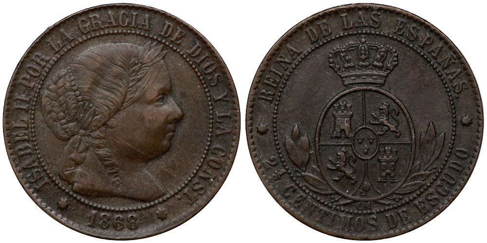 ISABEL II 2 1/2 CENTIMO DE ESCUDO 1868 BARCELONA