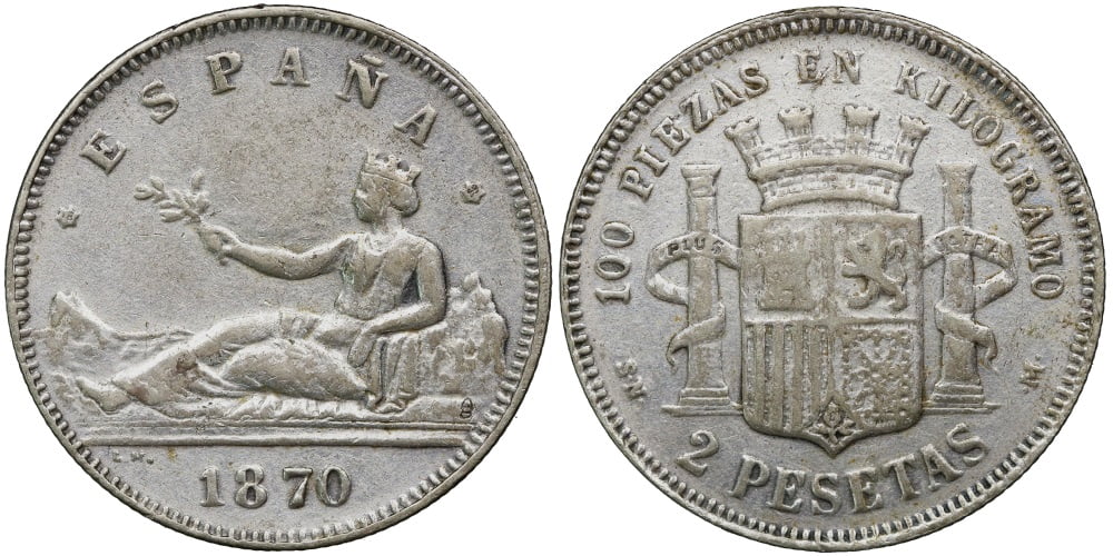 FALSA DE EPOCA 2 PESETAS 1869