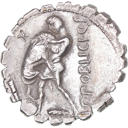 Acuñar, 
  
  C. Publicius Q.f., 
  
  serrato denario