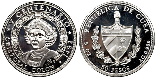 50 PESOS 1990 CRISTOBAL COLON (5 ONZAS)