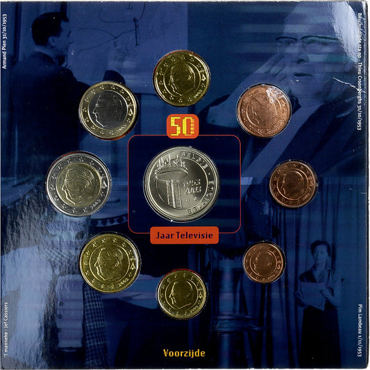 Bélgica, 
  
  Setze 1 ud. - 2 euros + Jeton, 
  
  50 años de televisión