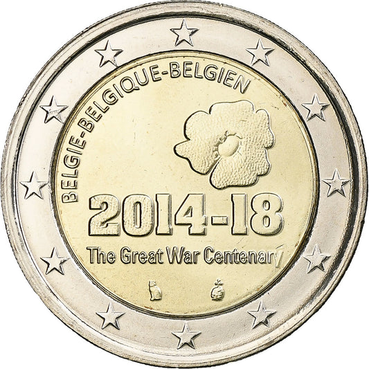Bélgica, 
  
  2 euros, 
  
  Hundertjahrfeier des Ersten Weltkriegs