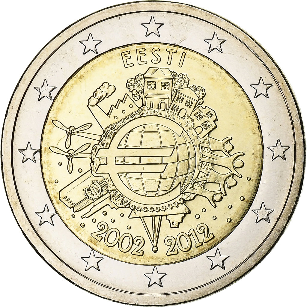 tierra del este, 
  
  2 euros, 
  
  10 años Euro-Bargeld