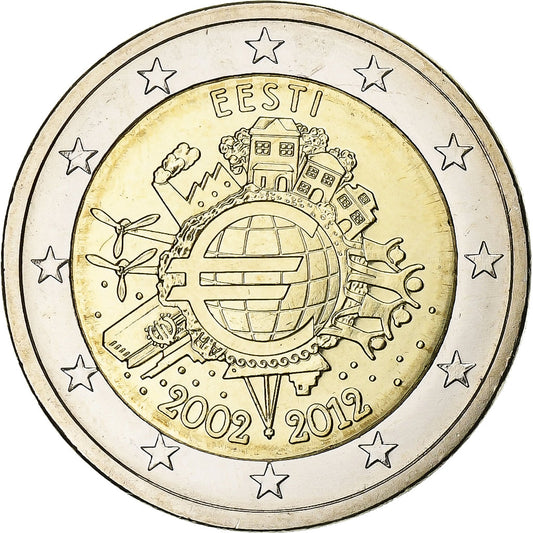 tierra del este, 
  
  2 euros, 
  
  10 años Euro-Bargeld