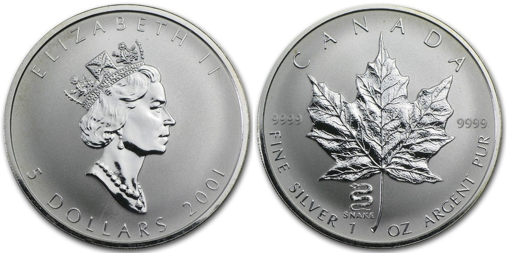 CANADA 5 DOLARES 2001 HOJA DE ARCE – AÑO DE LA SERPIENTE