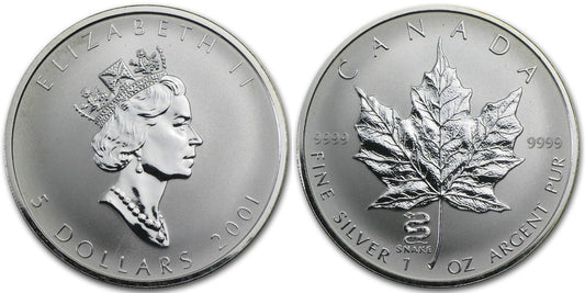CANADA 5 DOLARES 2001 HOJA DE ARCE – AÑO DE LA SERPIENTE