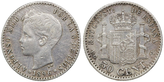 ALFONSO XIII 50 CENTIMOS 1896 VARIANTE; OREJA RAYADA