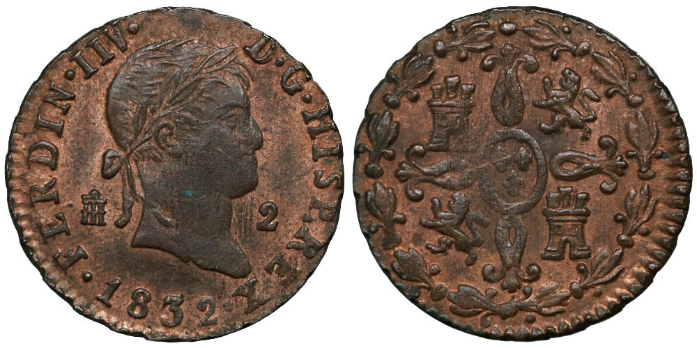 FERNANDO VII 2 MARAVEDIS 1832 SEGOVIA VARIANTE; NUMERAL IIV