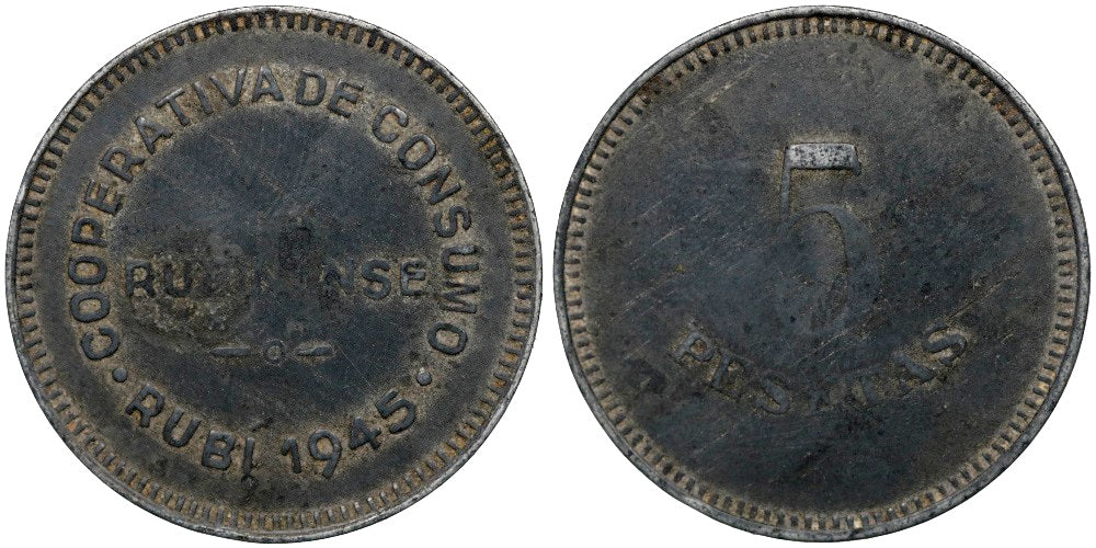 COOPERATIVA DE CONSUMO LA RUBINENSE 5 PESETAS 1945 RUBI