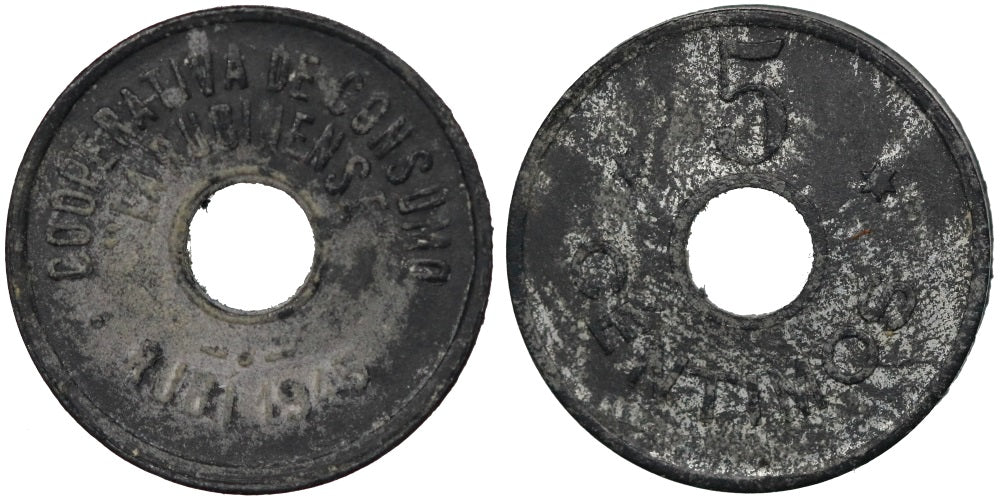 COOPERATIVA DE CONSUMO LA RUBINENSE 5 CENTIMOS 1945 RUBI