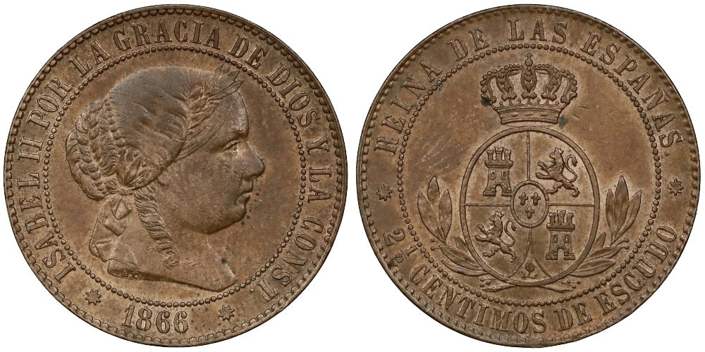 ISABEL II 2 1/2 CENTIMO DE ESCUDO 1866 BARCELONA