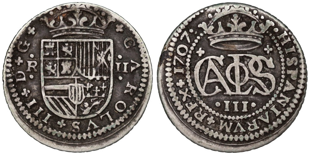 CARLOS III (EL PRETENDIENTE) 2 REALES 1707 BARCELONA
