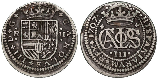 CARLOS III (EL PRETENDIENTE) 2 REALES 1707 BARCELONA