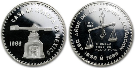 MEXICO 5 ONZAS 1986  450 AÑOS DE LA PRIMERA ACUÑACION 1536-1986