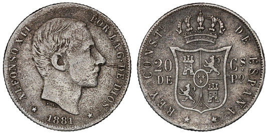 ALFONSO XII  20 CENTAVOS 1881 MANILA