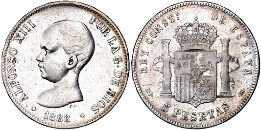 ALFONSO XIII  5 PESETAS 1888 MPM VARIANTE; CUELLO PICO REDONDO