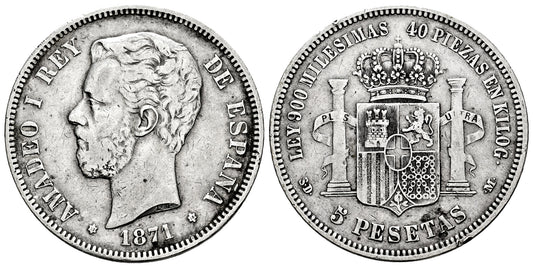 AMADEO I  5 PESETAS 1871*18-18 (VARIANTE)
