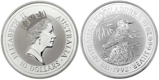 AUSTRALIA 10 DOLARES KOOKABURRA 1992 (10 ONZAS DE PLATA PURA)