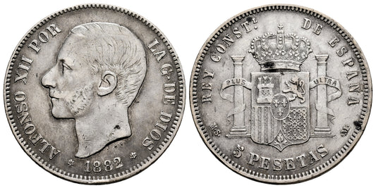 ALFONSO XII  5 PESETAS 1882 ACUÑADA SOBRE 81 Y 2ª ESTRELLA 81