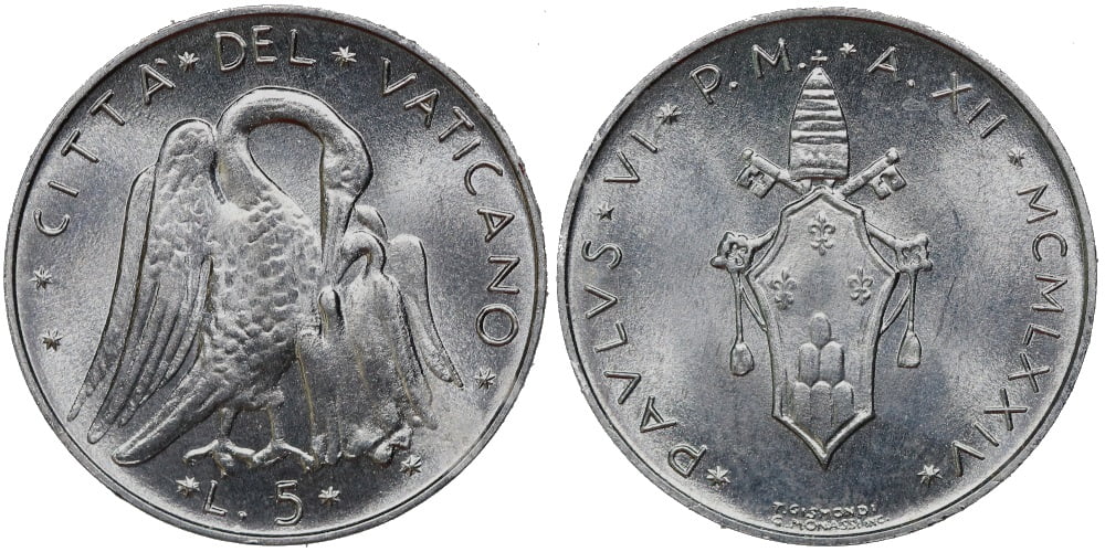 VATICANO 5 LIRAS 1974