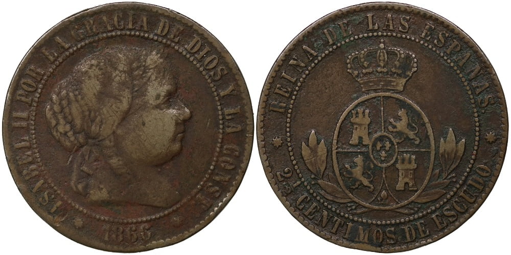ISABEL II 2 1/2 CENTIMO DE ESCUDO 1866 BARCELONA SIN «OM»