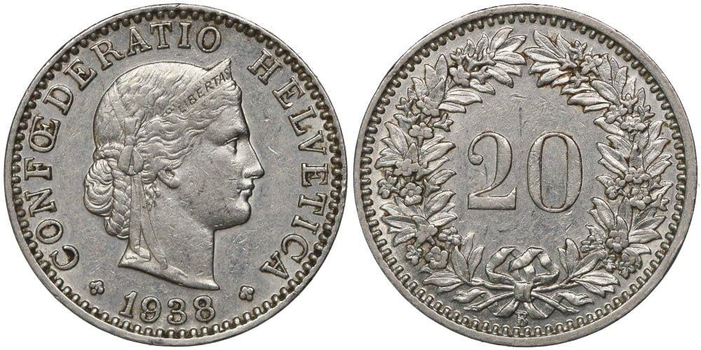SUIZA 20 RAPPEN 1938