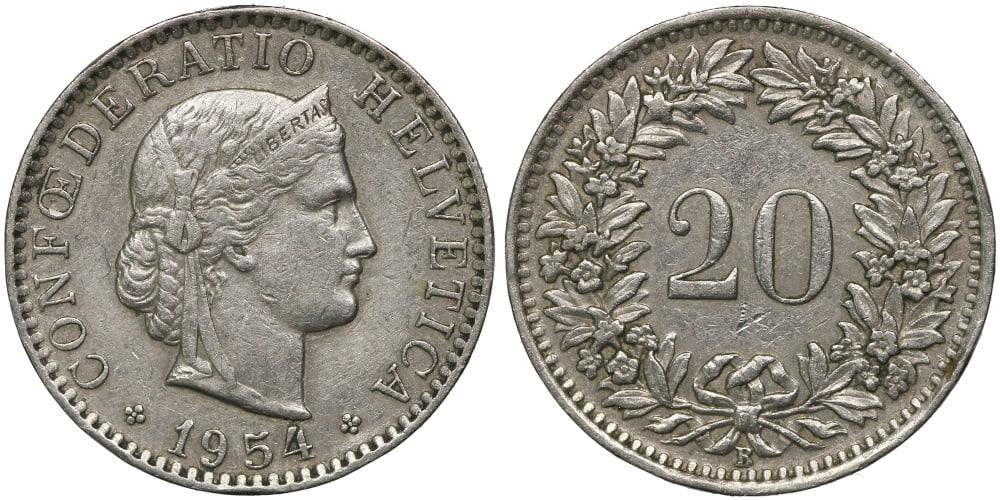 SUIZA 20 RAPPEN 1954